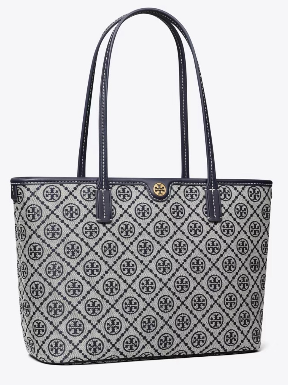 Tory Burch Small T-Monogram Zip Tote Bag- Navy and Cream Jacquard Logo Print